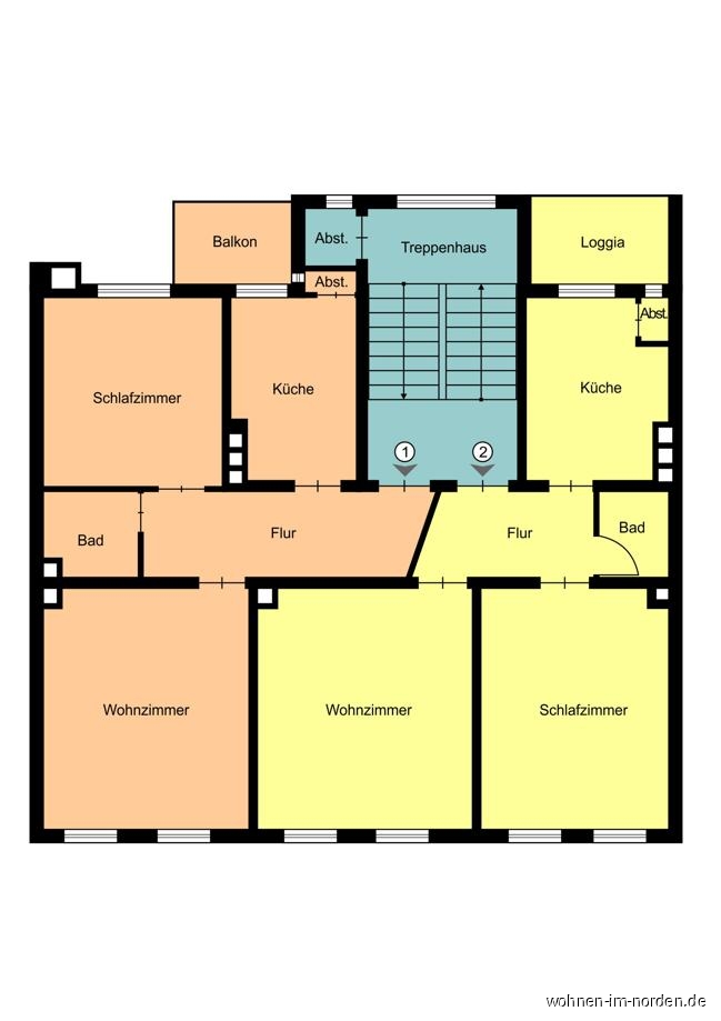 Wohnungen Typ 1 (orange) und Typ 2 (gelb) Mehrfamilienhaus Kiel / Gaarden-Sd und Kronsburg