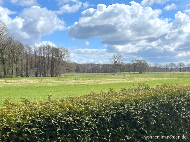 Blick vom Garten auf Weide Einfamilienhaus Regesbostel